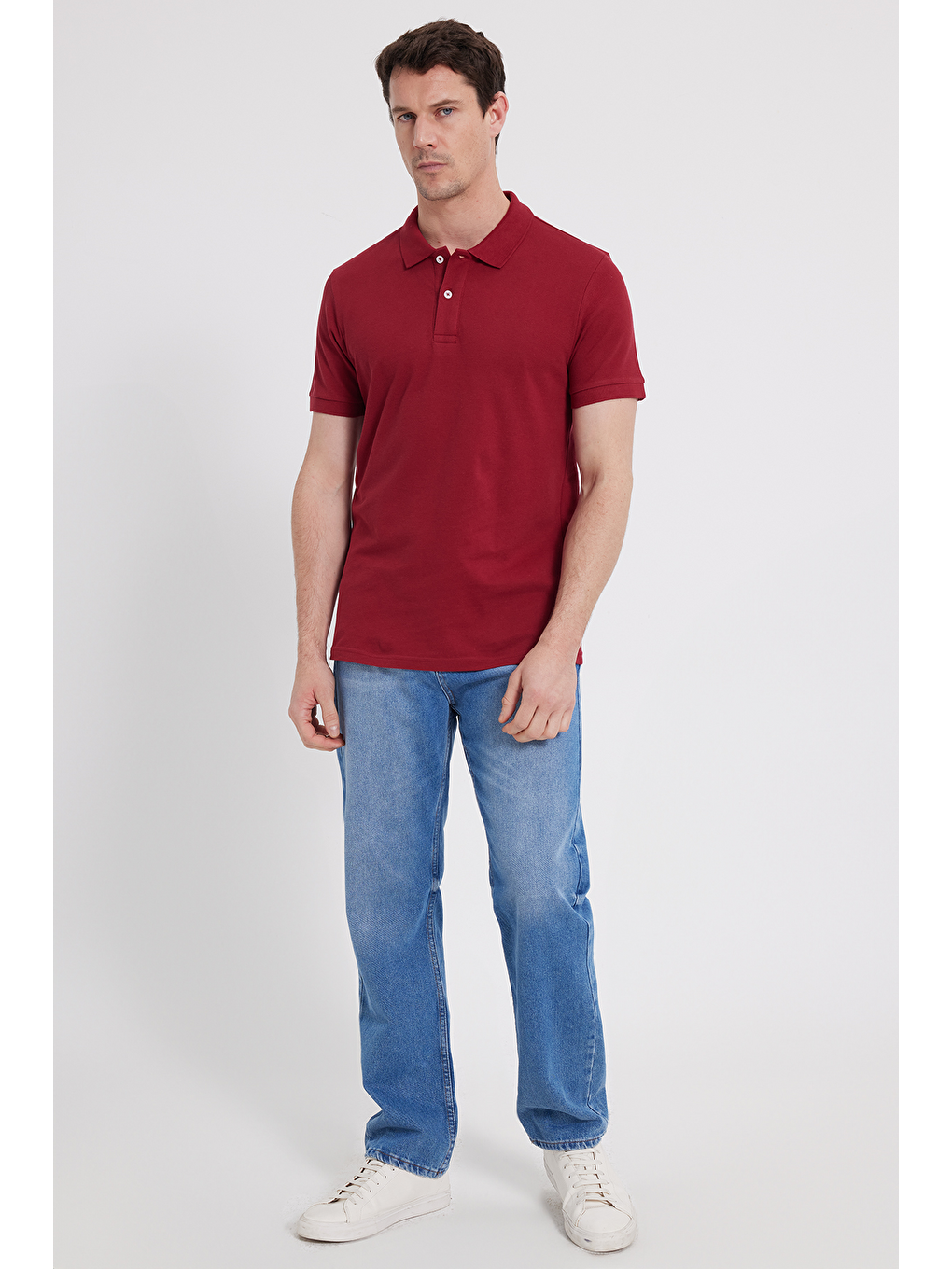 Erkek Slim Fit Dar Kesim %100 Pamuk Kısa Kollu Polo Yaka Kırmızı Tişört-1