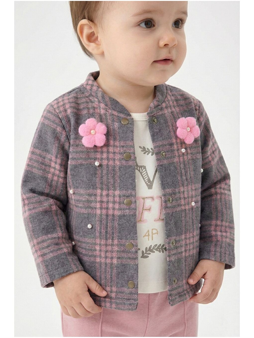 Pembe Ekose Desenli Çiçek Aksesuarlı 3lü Bebek Takımı-2