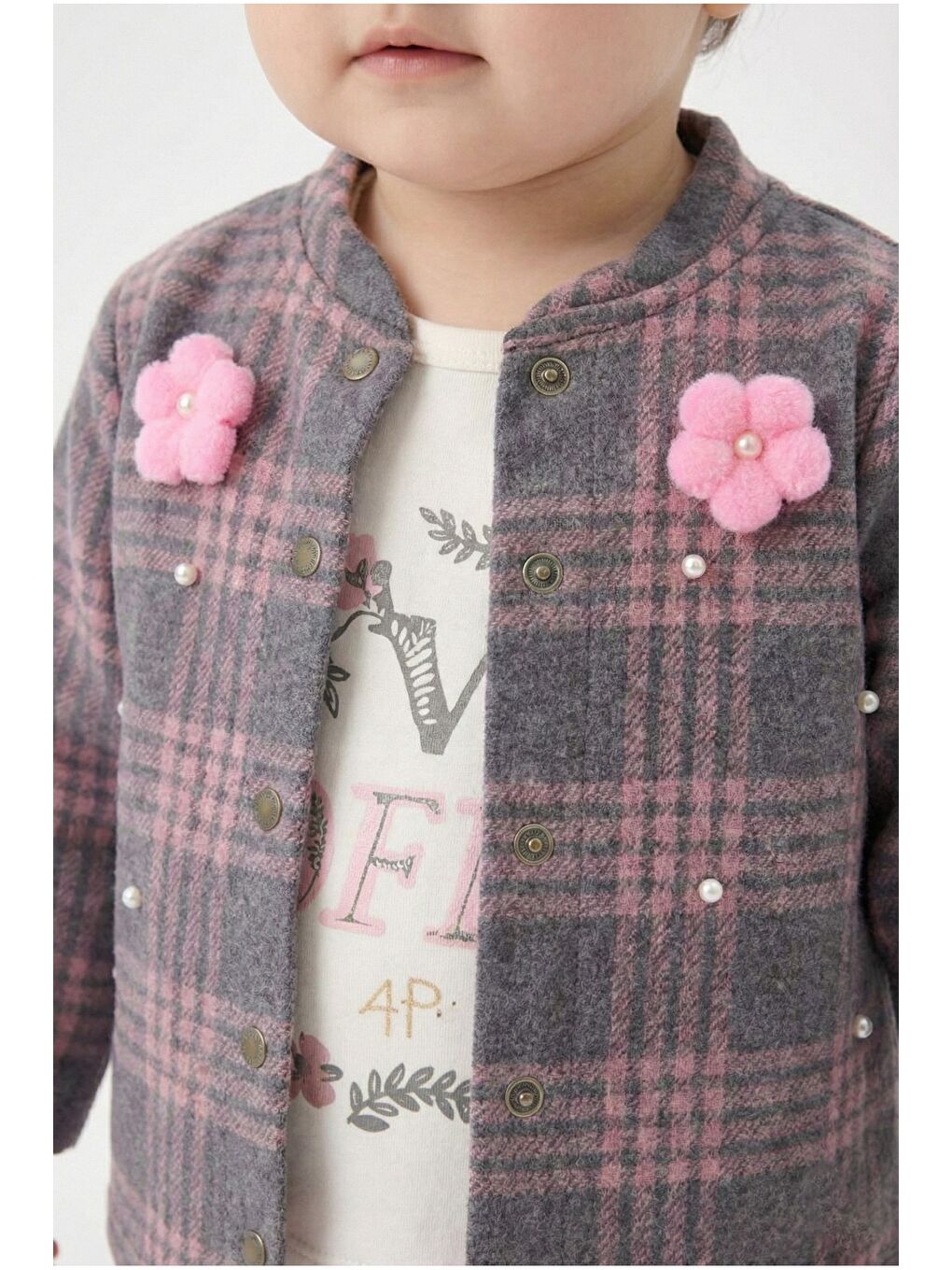 Pembe Ekose Desenli Çiçek Aksesuarlı 3lü Bebek Takımı-3