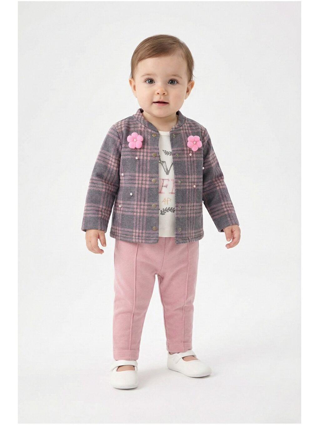 Pembe Ekose Desenli Çiçek Aksesuarlı 3lü Bebek Takımı-4