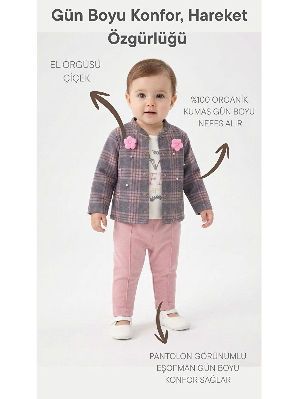 Pembe Ekose Desenli Çiçek Aksesuarlı 3lü Bebek Takımı-5