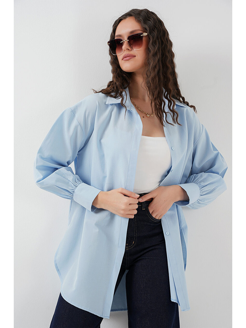 5946 Oversize Uzun Gömlek Tunik - Mavi