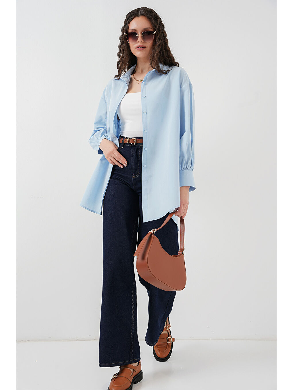 5946 Oversize Uzun Gömlek Tunik - Mavi-1