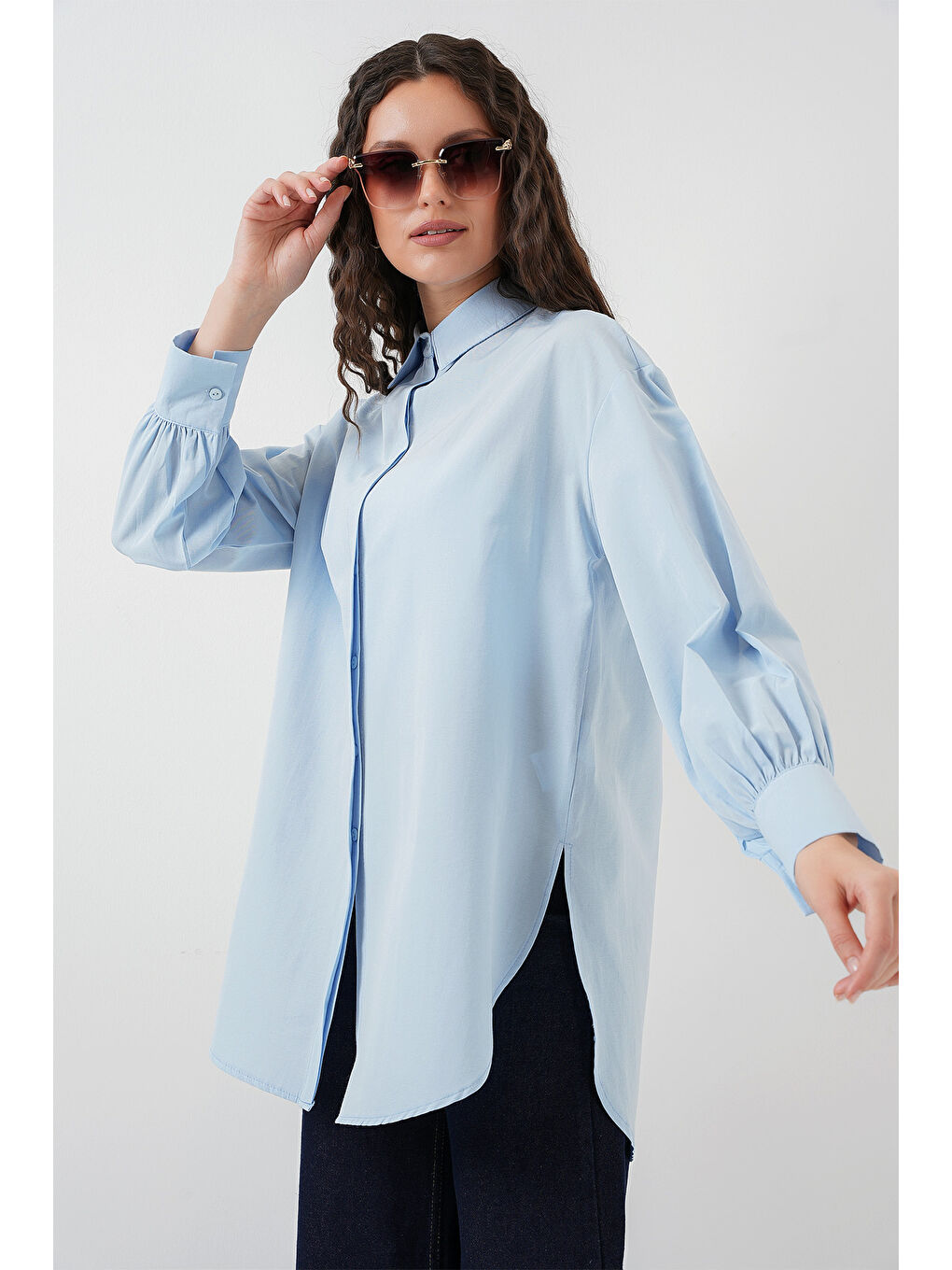 5946 Oversize Uzun Gömlek Tunik - Mavi-2