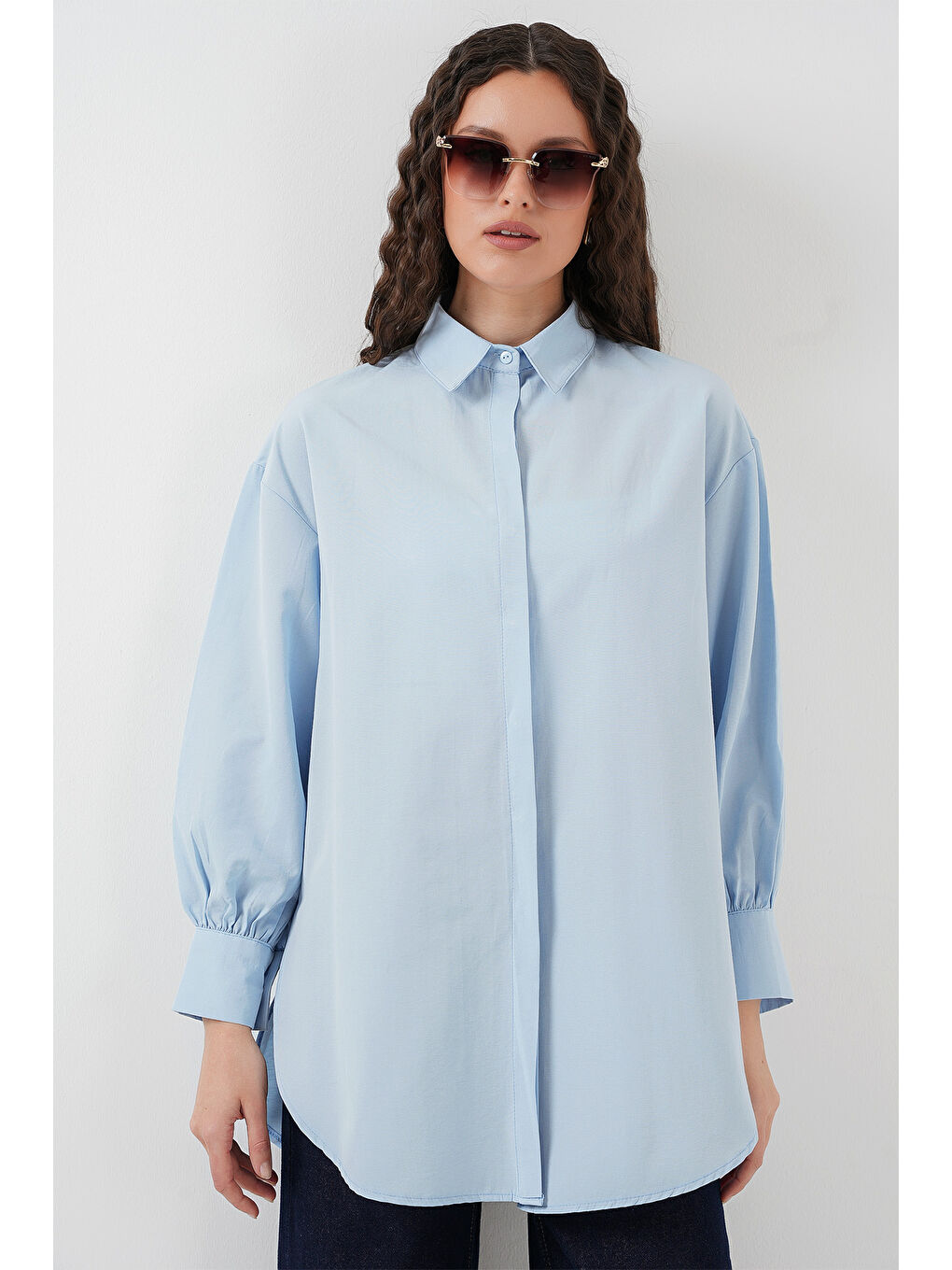 5946 Oversize Uzun Gömlek Tunik - Mavi-3