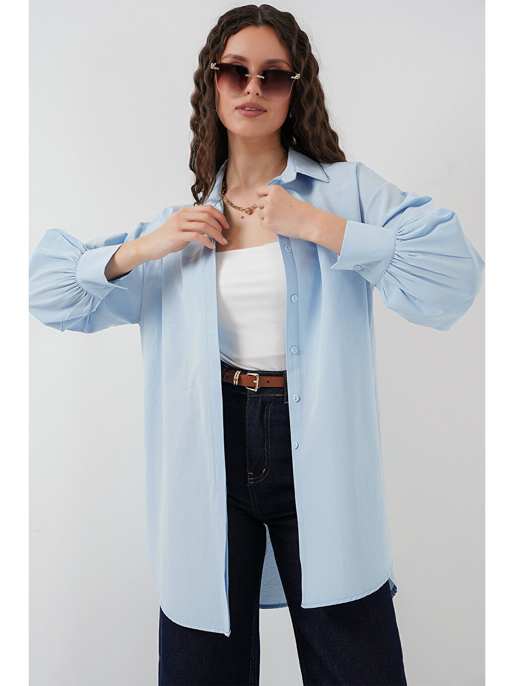 5946 Oversize Uzun Gömlek Tunik - Mavi-4