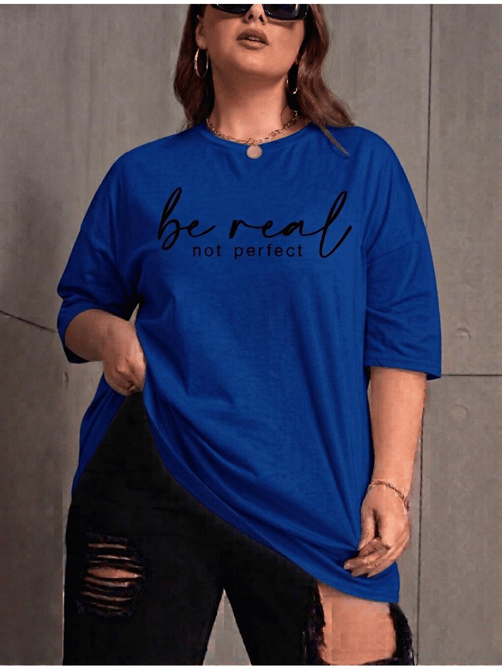 Mavi Be Real Kadın Büyük Beden Battal Baskılı Bisiklet Yaka Pamuklu T-Shirt Rahat Kesim Unisex Sevgili Ko