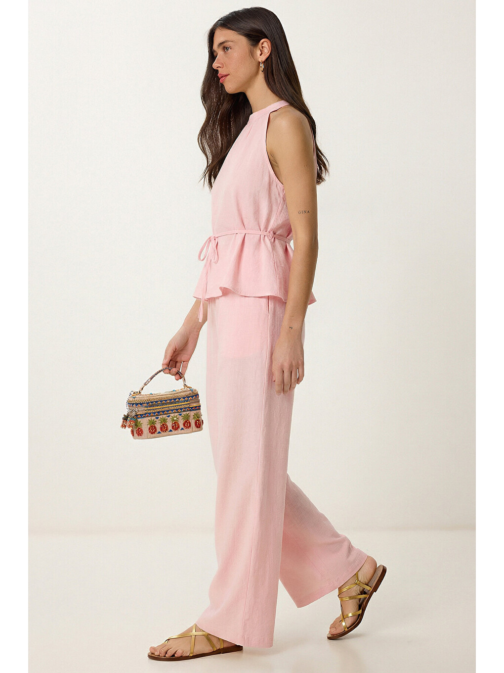 Pembe Bağlama Detaylı Bluz Pantolon Keten Takım PEMBE LBY0052-1