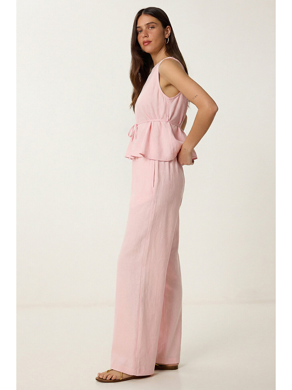 Pembe Bağlama Detaylı Bluz Pantolon Keten Takım PEMBE LBY0052-2