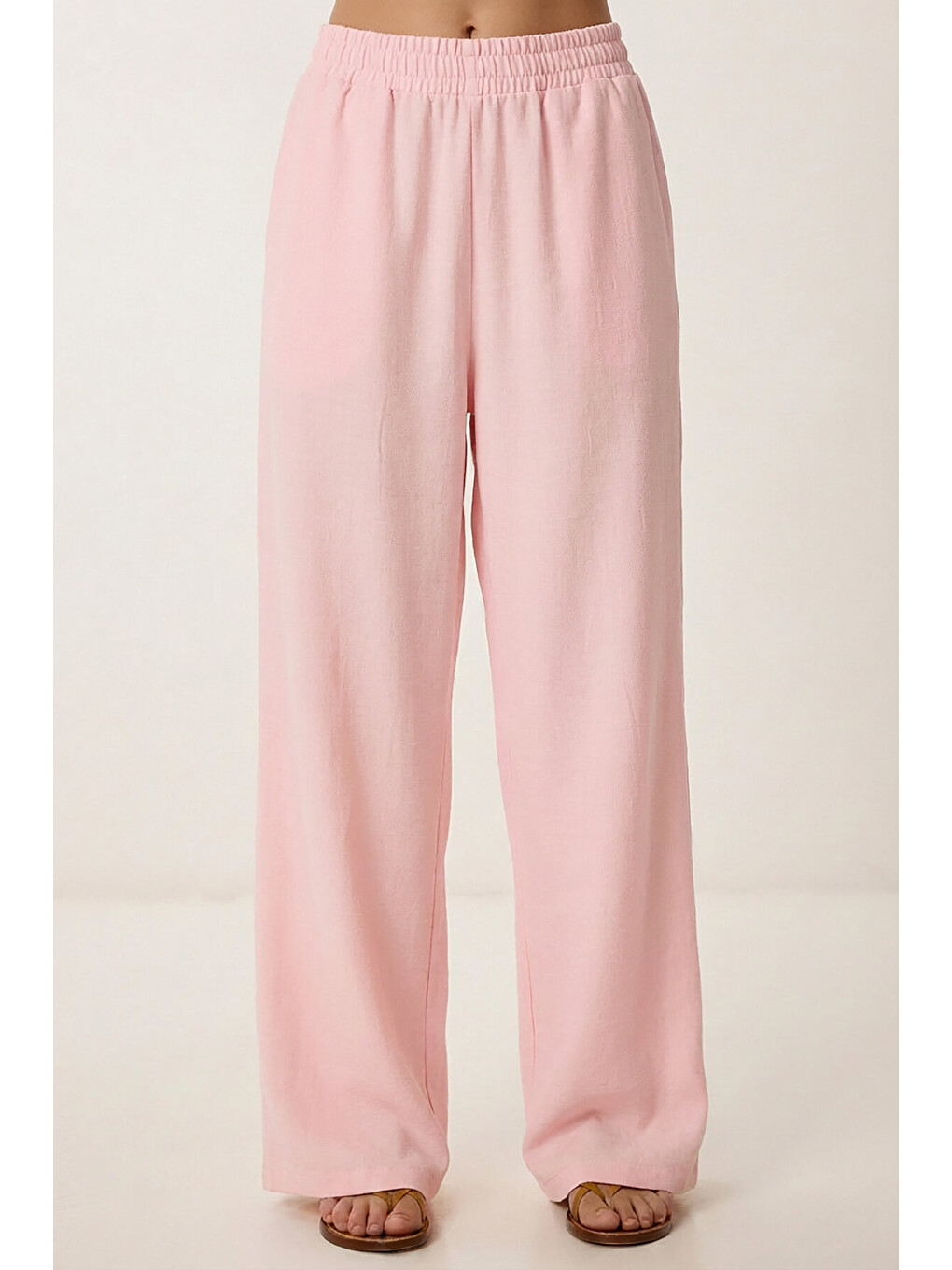 Pembe Bağlama Detaylı Bluz Pantolon Keten Takım PEMBE LBY0052-3