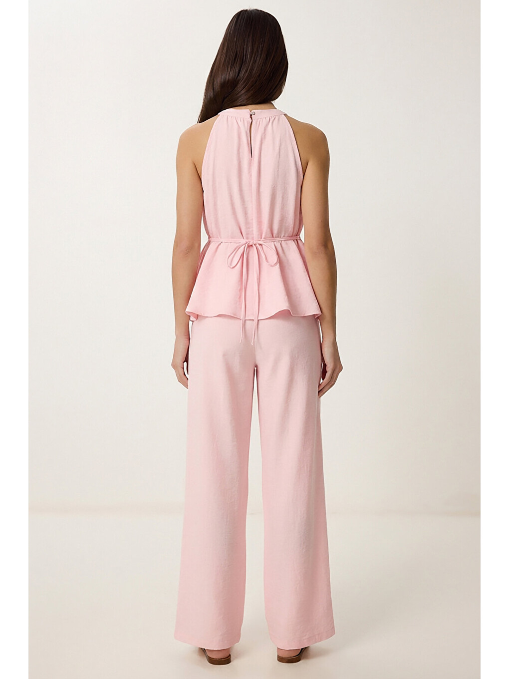 Pembe Bağlama Detaylı Bluz Pantolon Keten Takım PEMBE LBY0052-4