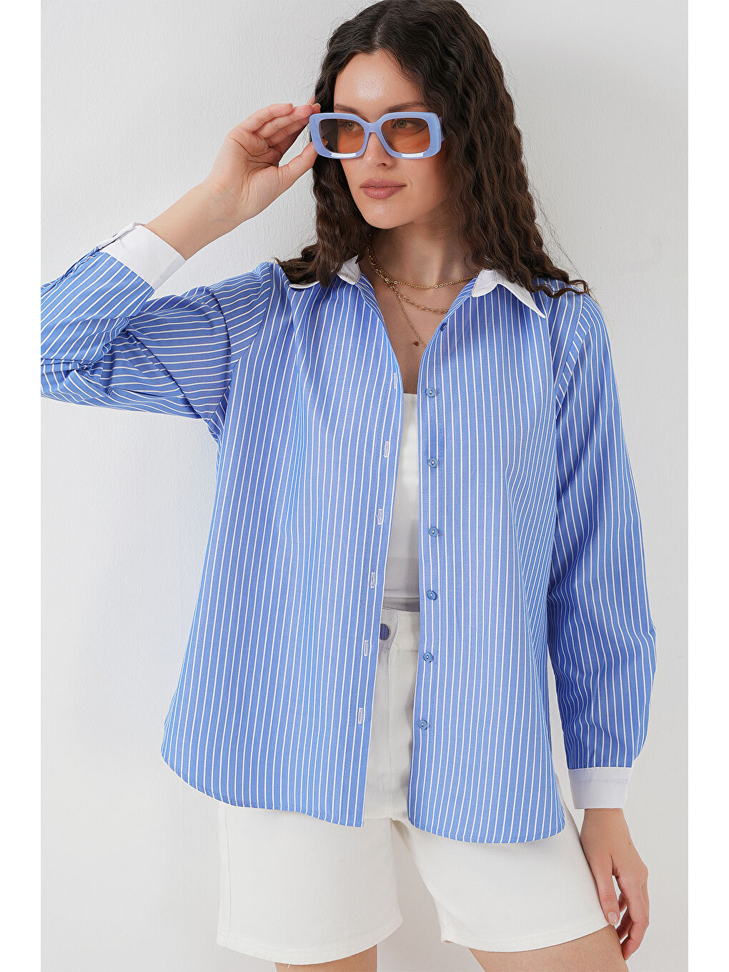 Kadın Çizgili Gömlek 20288 - Mavi