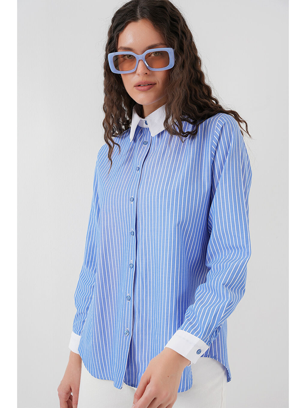 Kadın Çizgili Gömlek 20288 - Mavi-2