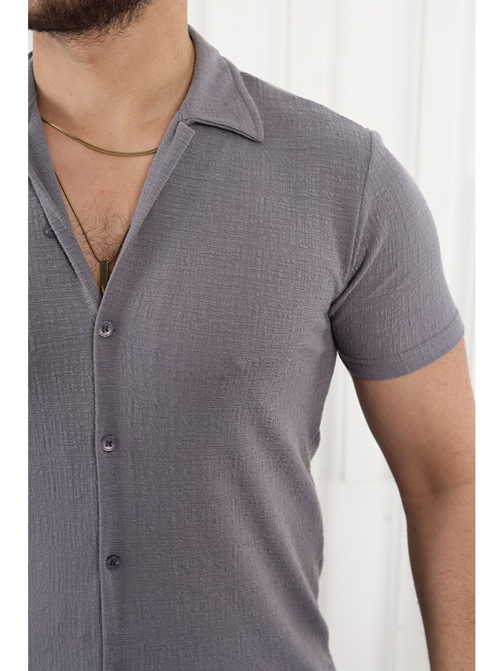 Gri Kendinden Desenli Kısa Kol Keten Gömlek-1