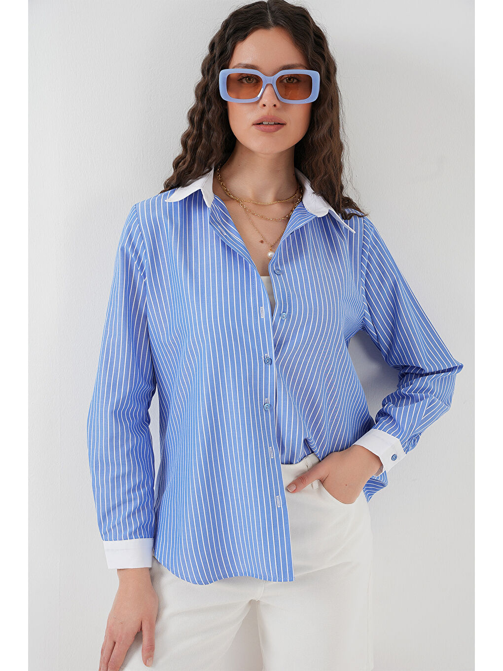 Kadın Çizgili Gömlek 20288 - Mavi-3