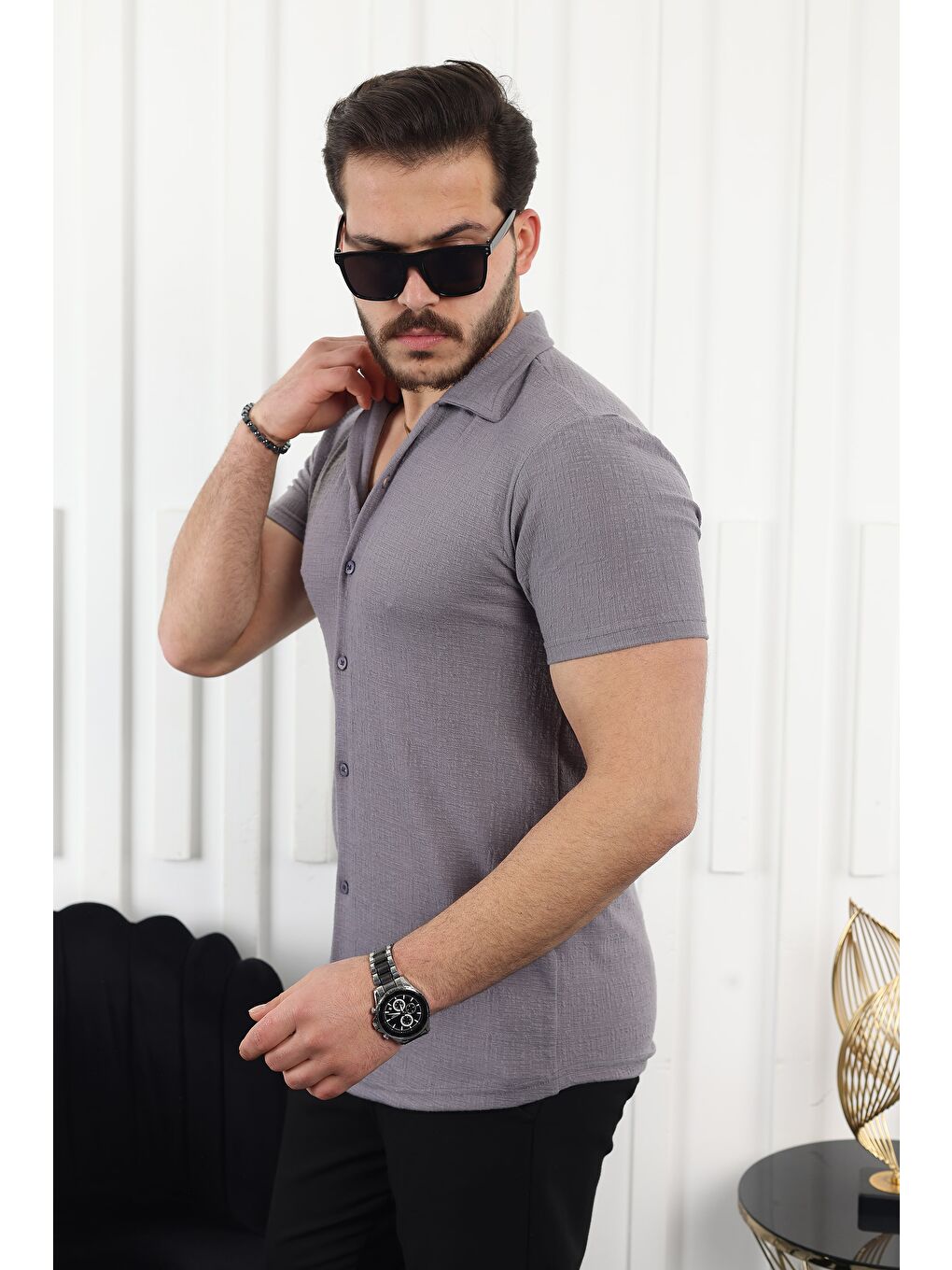 Gri Kendinden Desenli Kısa Kol Keten Gömlek-2