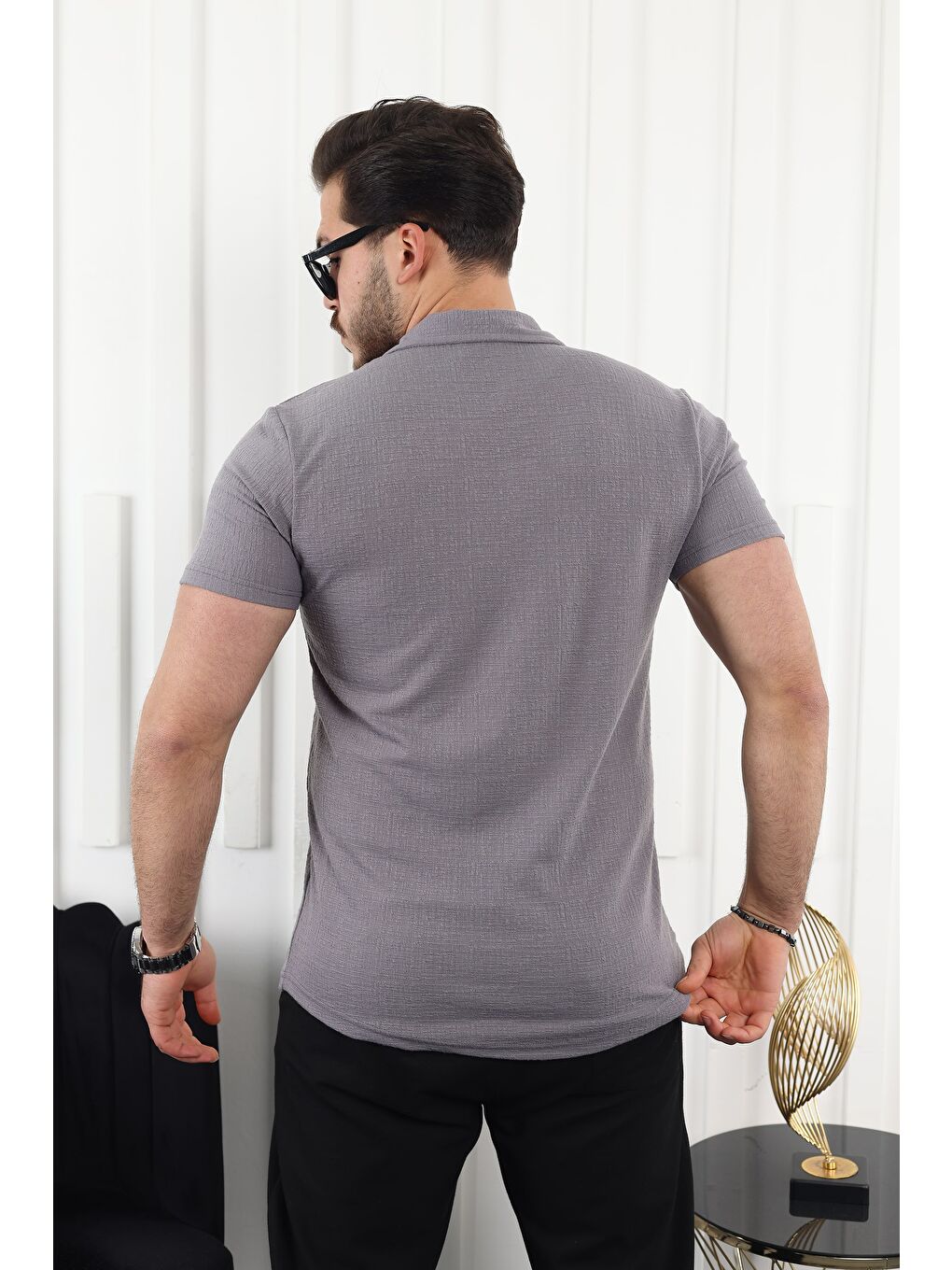 Gri Kendinden Desenli Kısa Kol Keten Gömlek-3