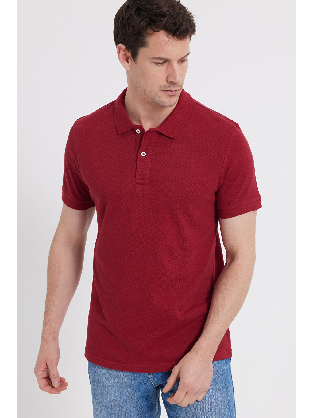 Erkek Slim Fit Dar Kesim %100 Pamuk Kısa Kollu Polo Yaka Kırmızı Tişört-6