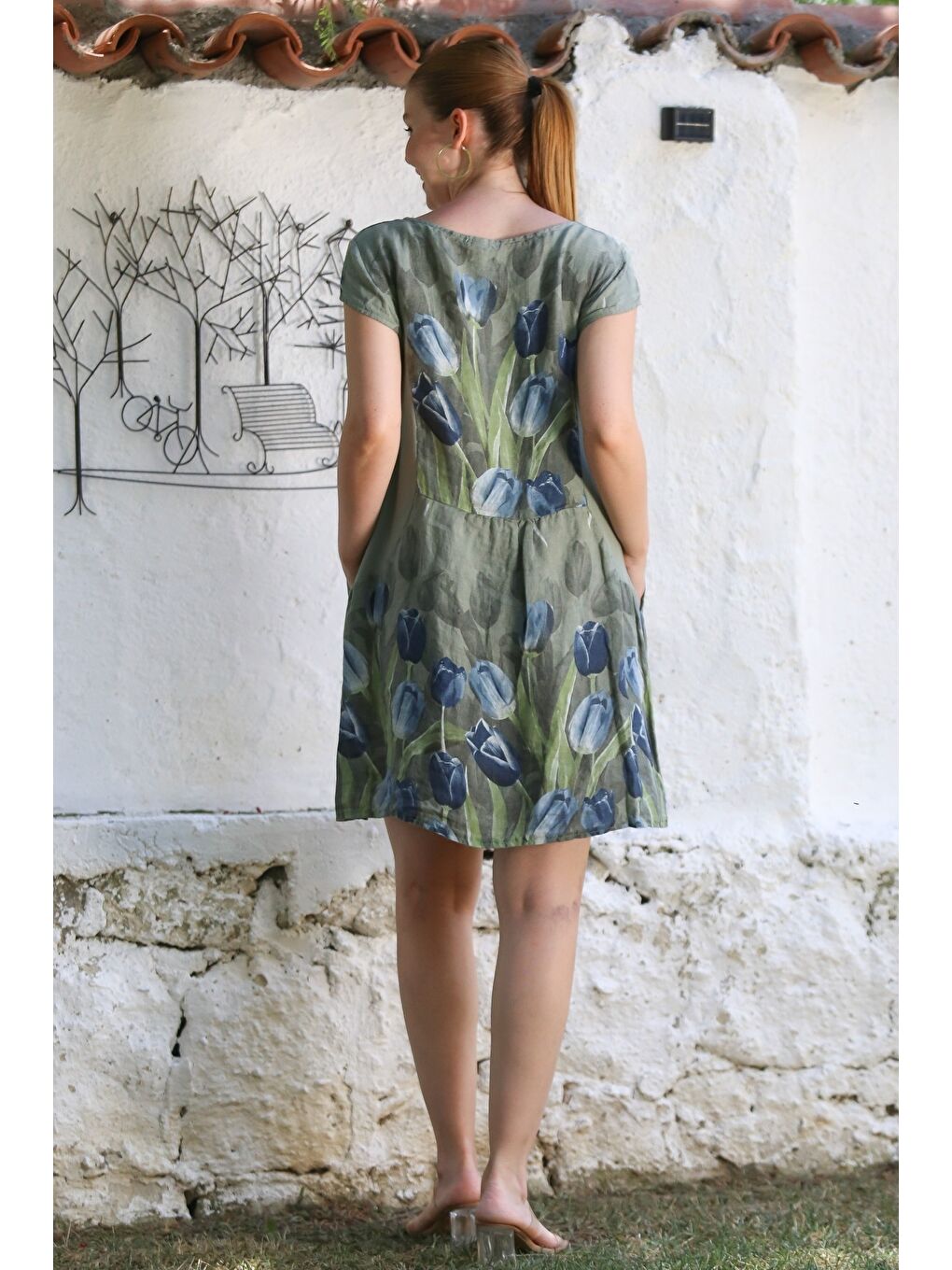 İtalyan Haki Kayık Yaka Düşük Kol Çiçekli Gizli Cepli Casual Keten Dokuma Elbise 100 65-1