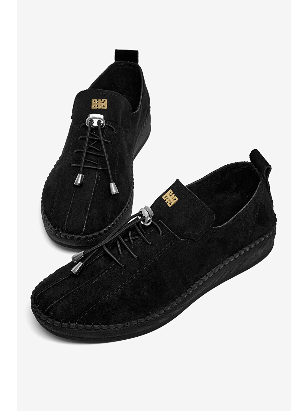 Kadın Siyah Rahat Kalıp Taş Detaylı Bağcıklı Loafer-1
