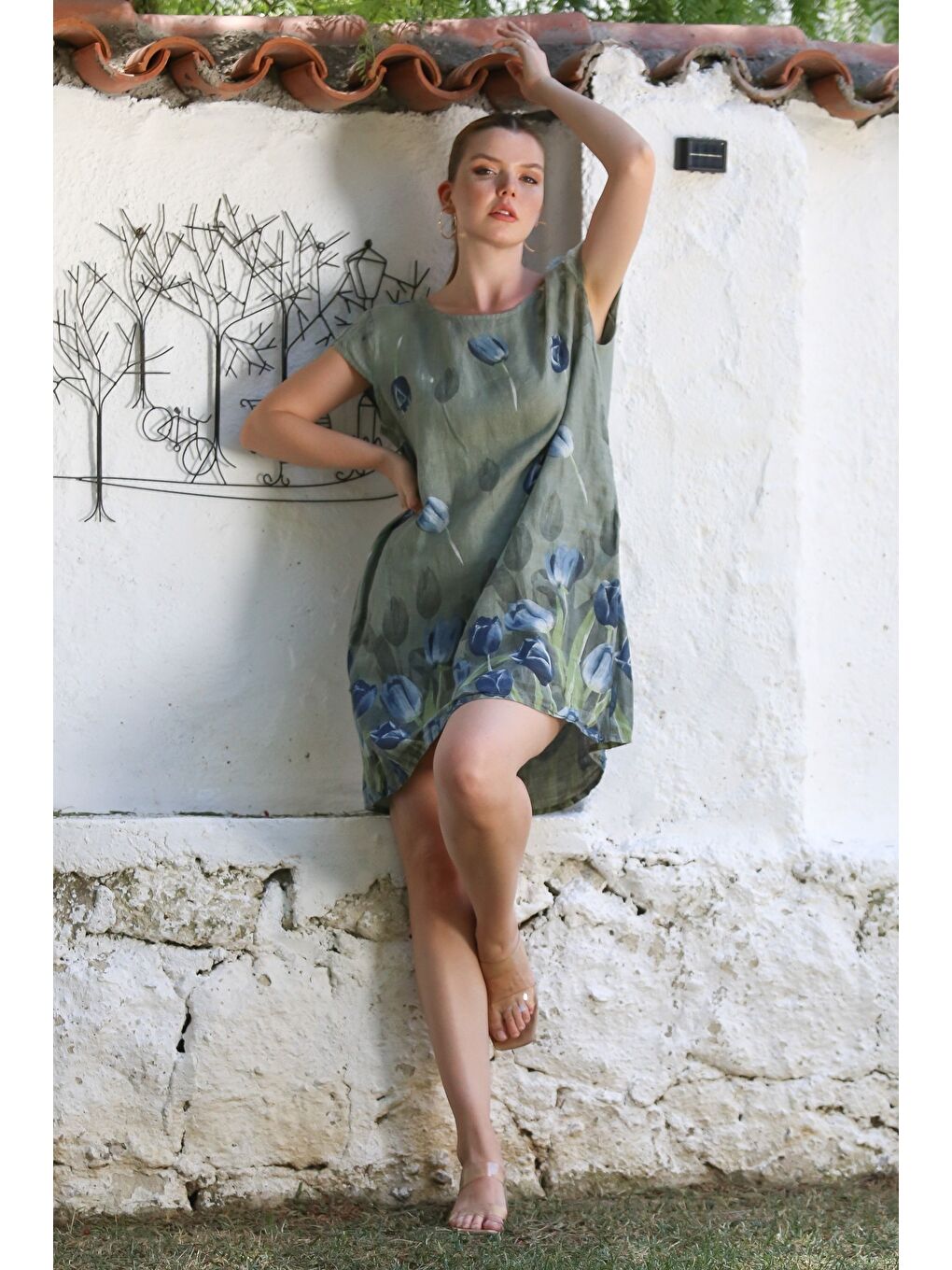 İtalyan Haki Kayık Yaka Düşük Kol Çiçekli Gizli Cepli Casual Keten Dokuma Elbise 100 65-3