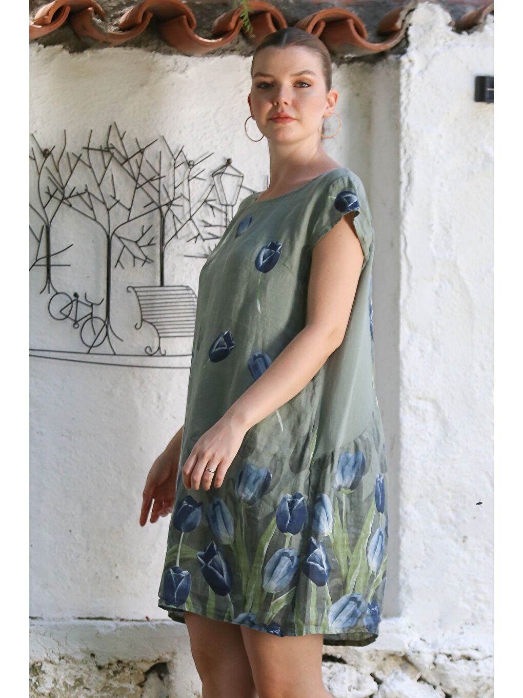 İtalyan Haki Kayık Yaka Düşük Kol Çiçekli Gizli Cepli Casual Keten Dokuma Elbise 100 65-4