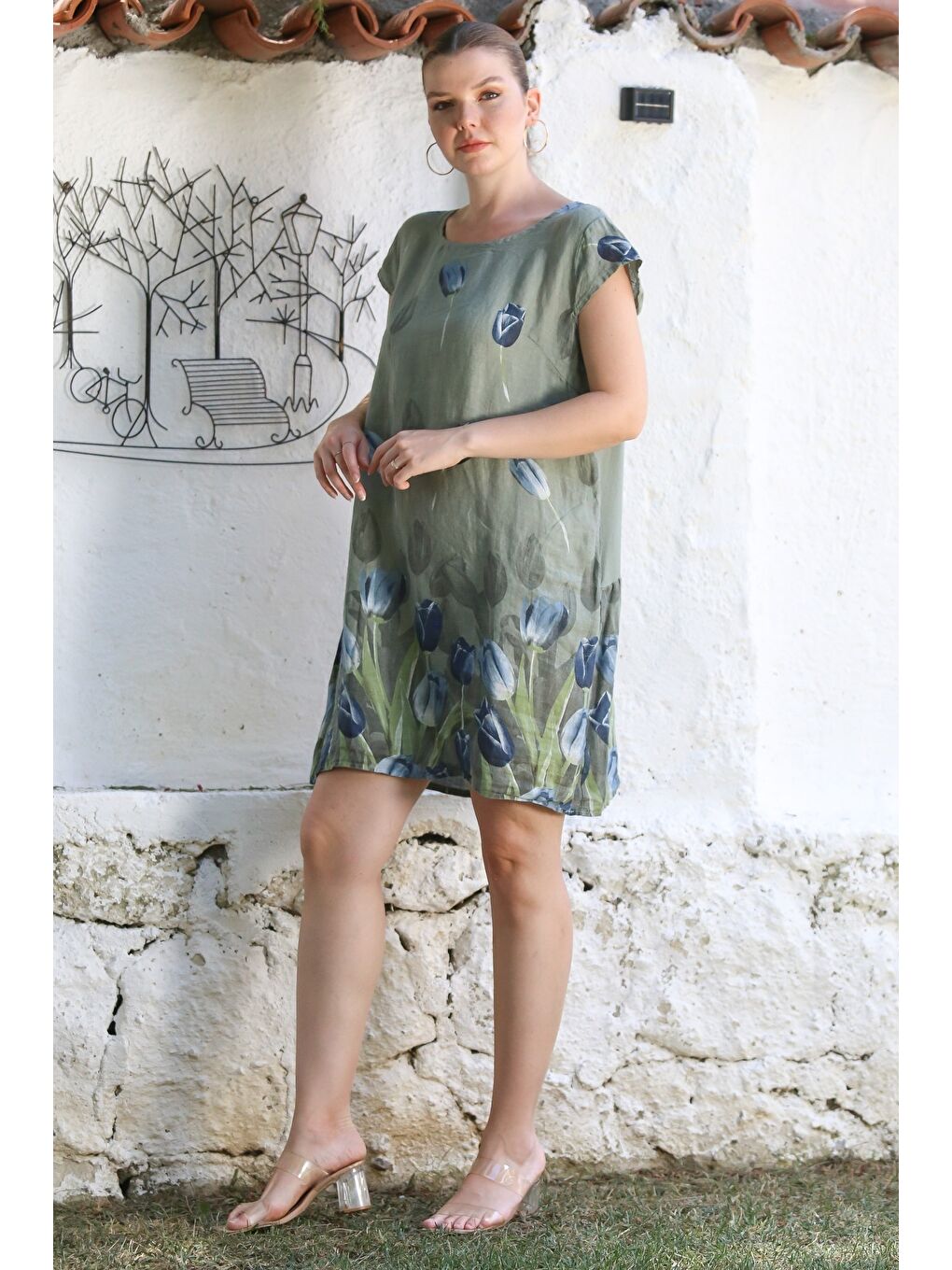 İtalyan Haki Kayık Yaka Düşük Kol Çiçekli Gizli Cepli Casual Keten Dokuma Elbise 100 65-5