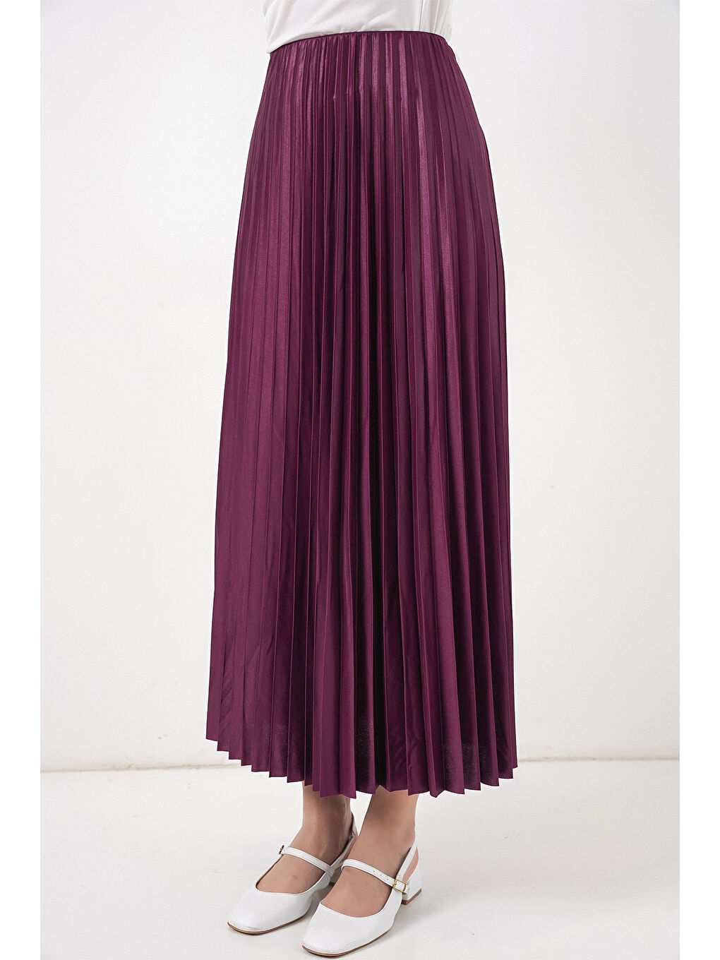 8009 Deri Görünümlü Piliseli Etek - Mor-1