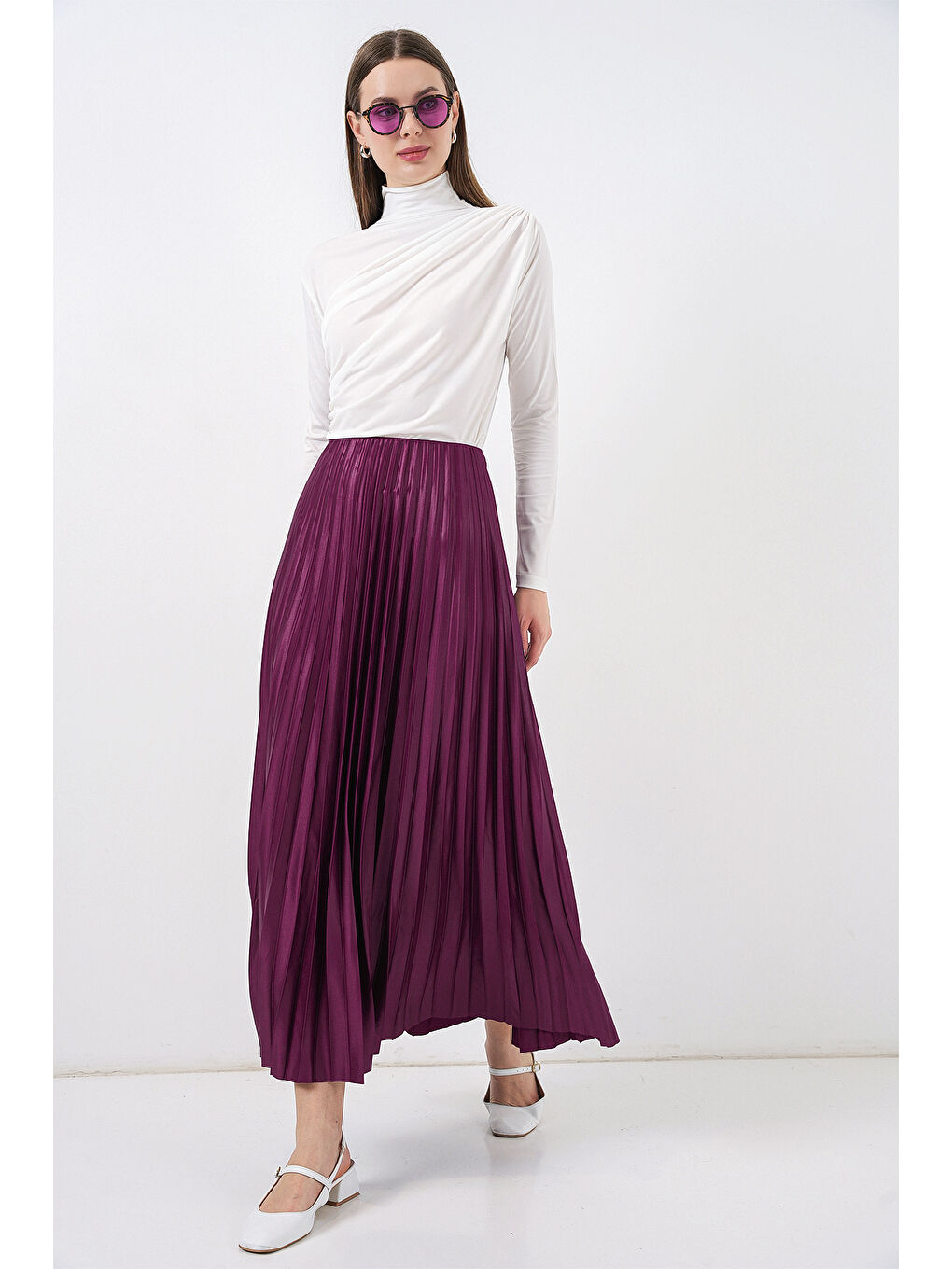 8009 Deri Görünümlü Piliseli Etek - Mor-2