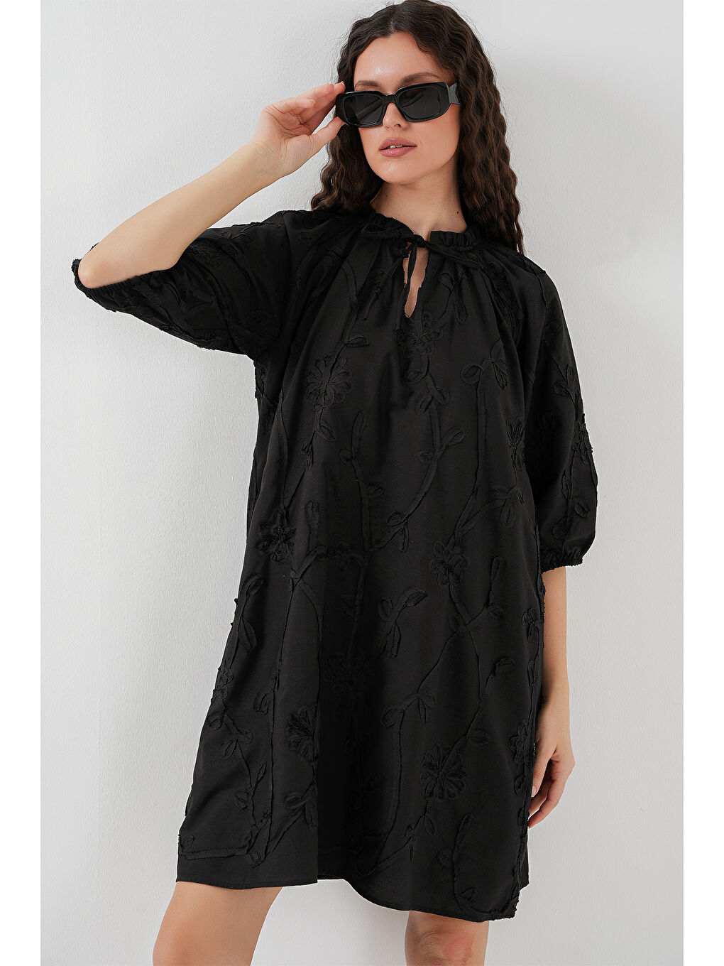 Kadın Desenli Kısa Elbise 2528 - Siyah-2