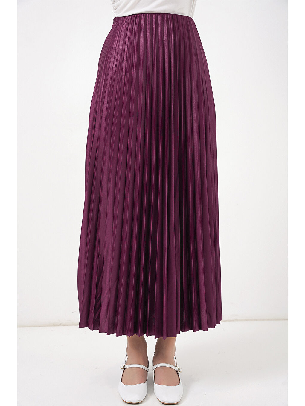 8009 Deri Görünümlü Piliseli Etek - Mor-3