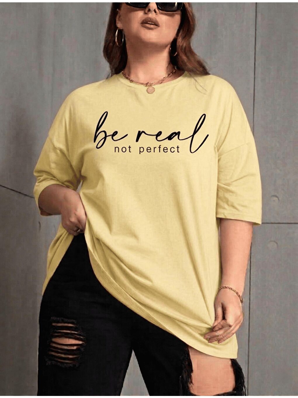 Sarı Be Real Kadın Büyük Beden Battal Baskılı Bisiklet Yaka Pamuklu T-Shirt Rahat Kesim Unisex Sevgili Ko