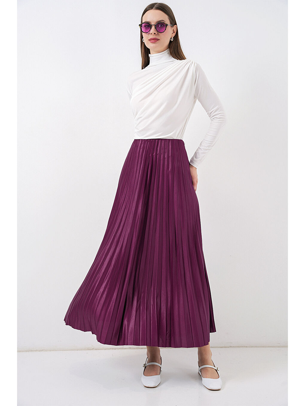 8009 Deri Görünümlü Piliseli Etek - Mor-4