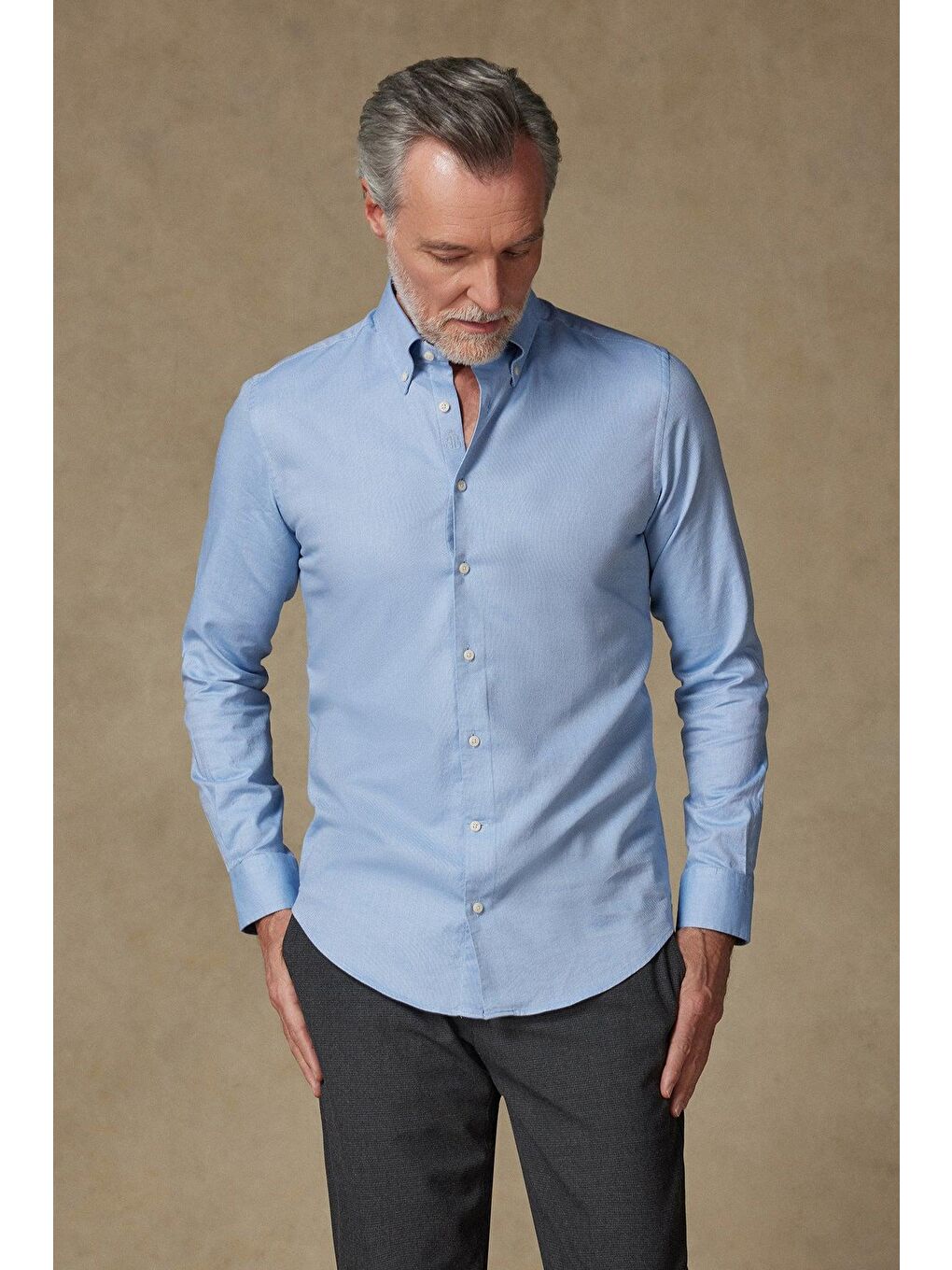 Carlo Royal Oxford Pamuklu Slim Fit Açık Mavi Düğmeli Yaka Erkek Düz %100 Pamuk Gömlek