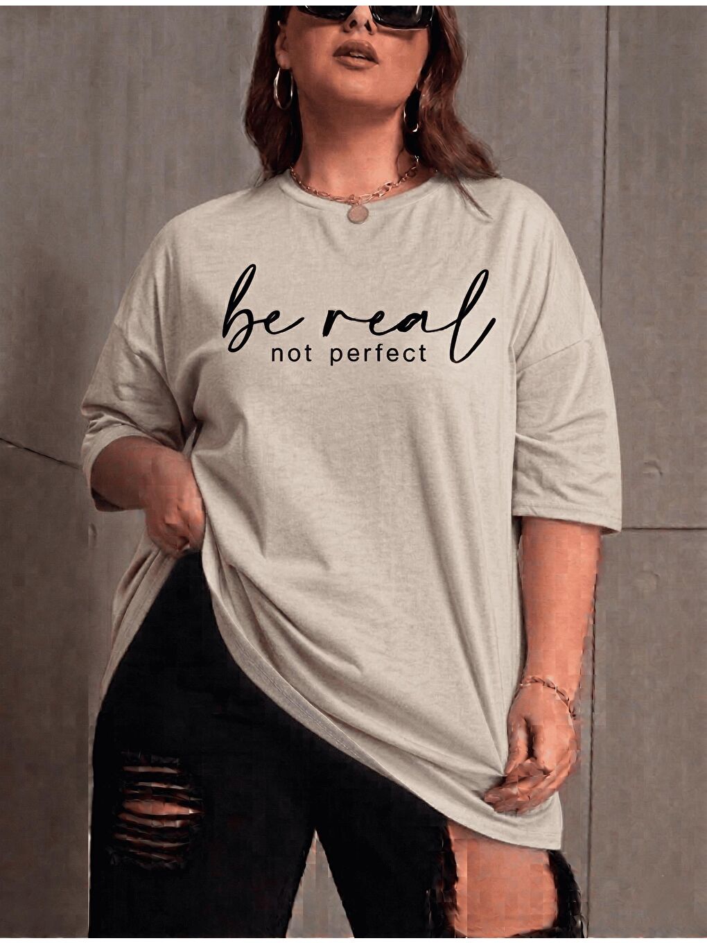 Bej Be Real Kadın Büyük Beden Battal Baskılı Bisiklet Yaka Pamuklu T-Shirt Rahat Kesim Unisex Sevgili Ko