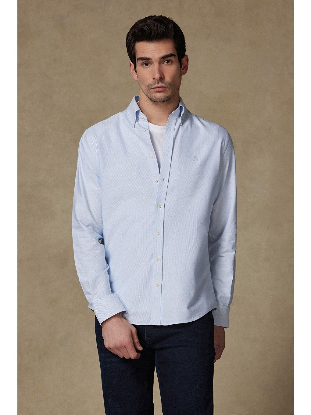 Marcel Amerikan Oxford Pamuklu Comfort Fit Açık Mavi Düğmeli Yaka Erkek Çizgili %100 Pamuk Gömlek