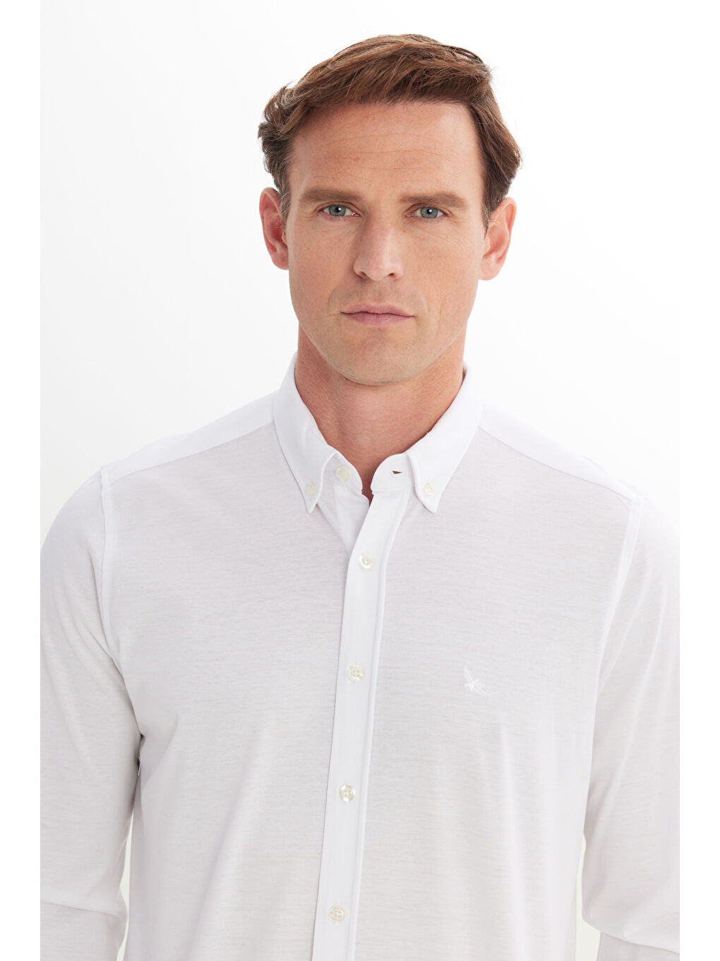 Erkek Beyaz %100 Pamuk Örme Slim Fit Dar Kesim Düğmeli Yaka Gömlek-3