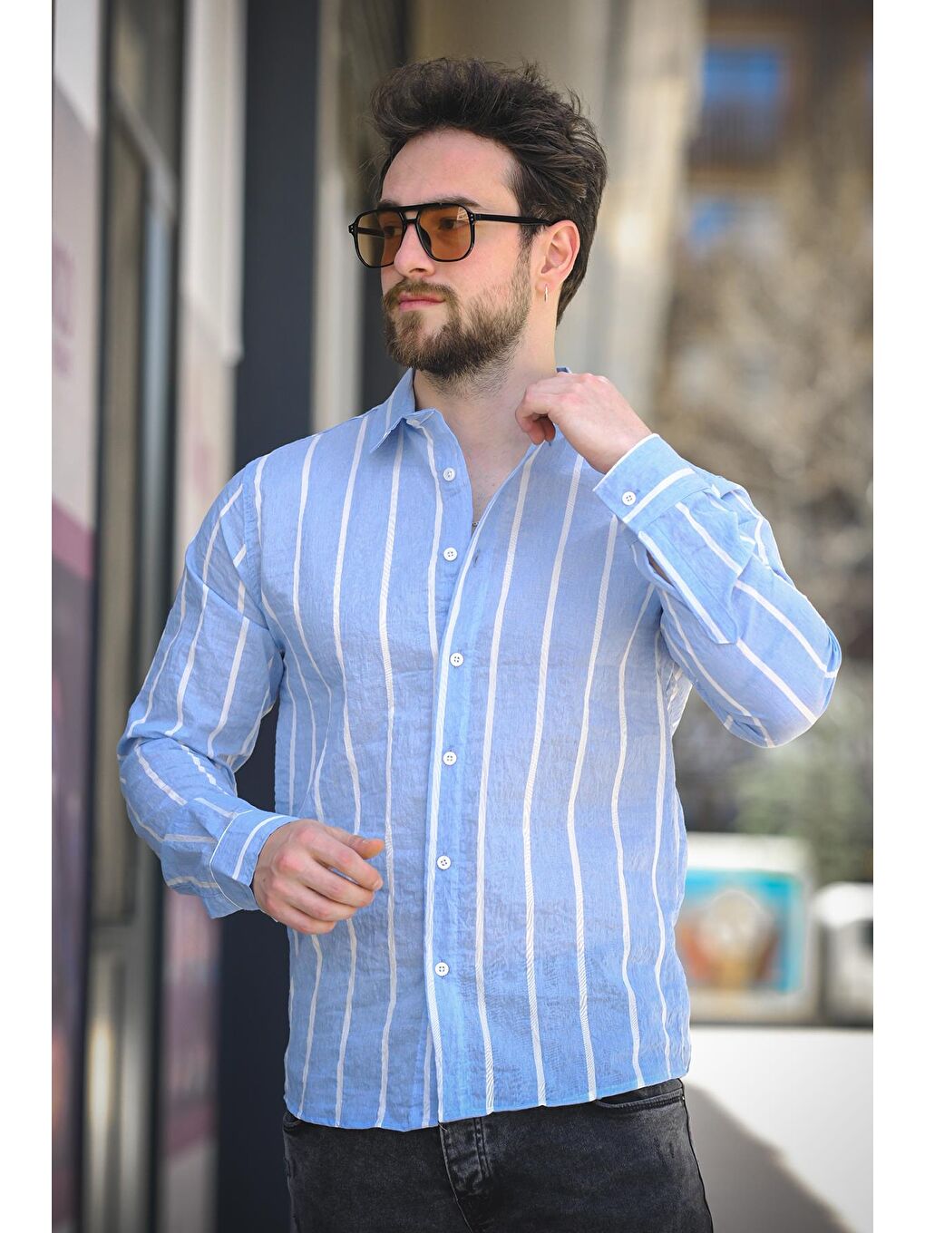 Mavi Ht 9540006 Slim Fit Çizgili Uzun Kol Keten Erkek Gömlek-1