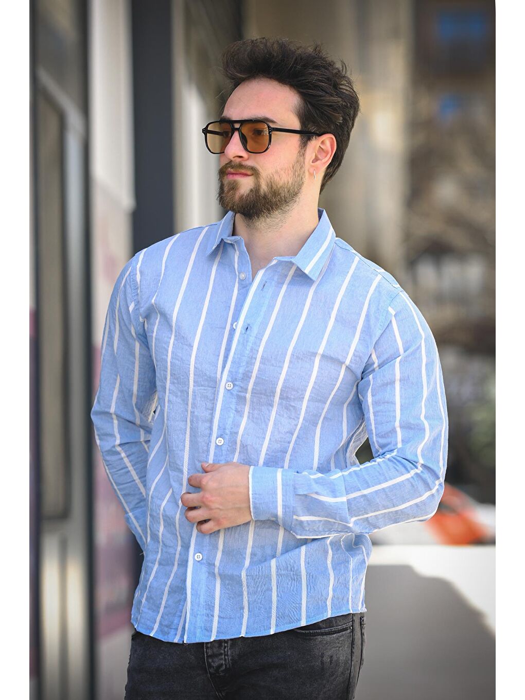 Mavi Ht 9540006 Slim Fit Çizgili Uzun Kol Keten Erkek Gömlek-2