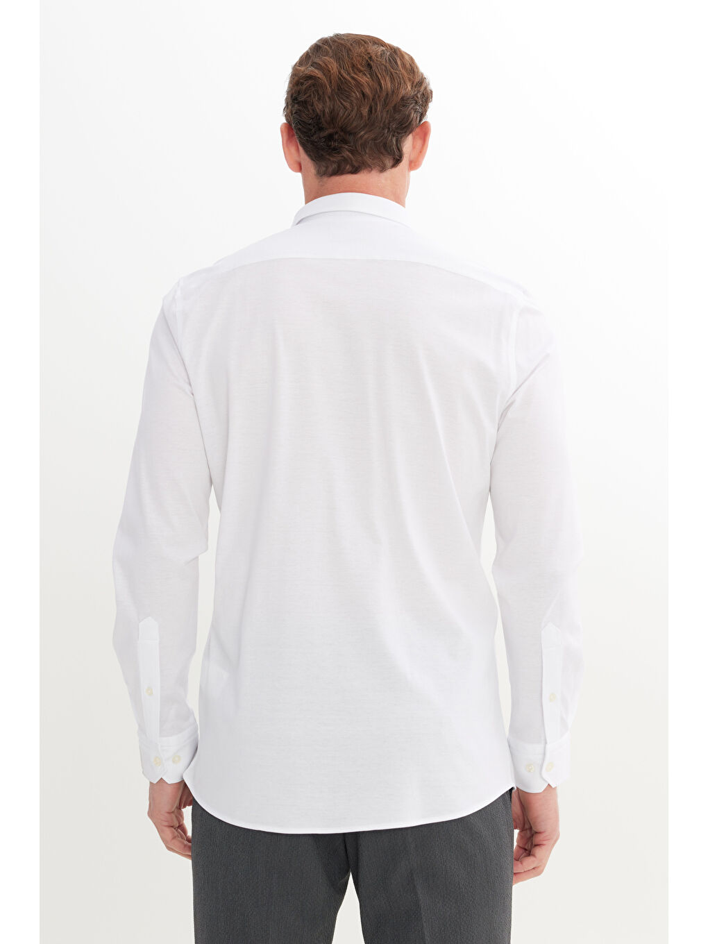 Erkek Beyaz %100 Pamuk Örme Slim Fit Dar Kesim Düğmeli Yaka Gömlek-4
