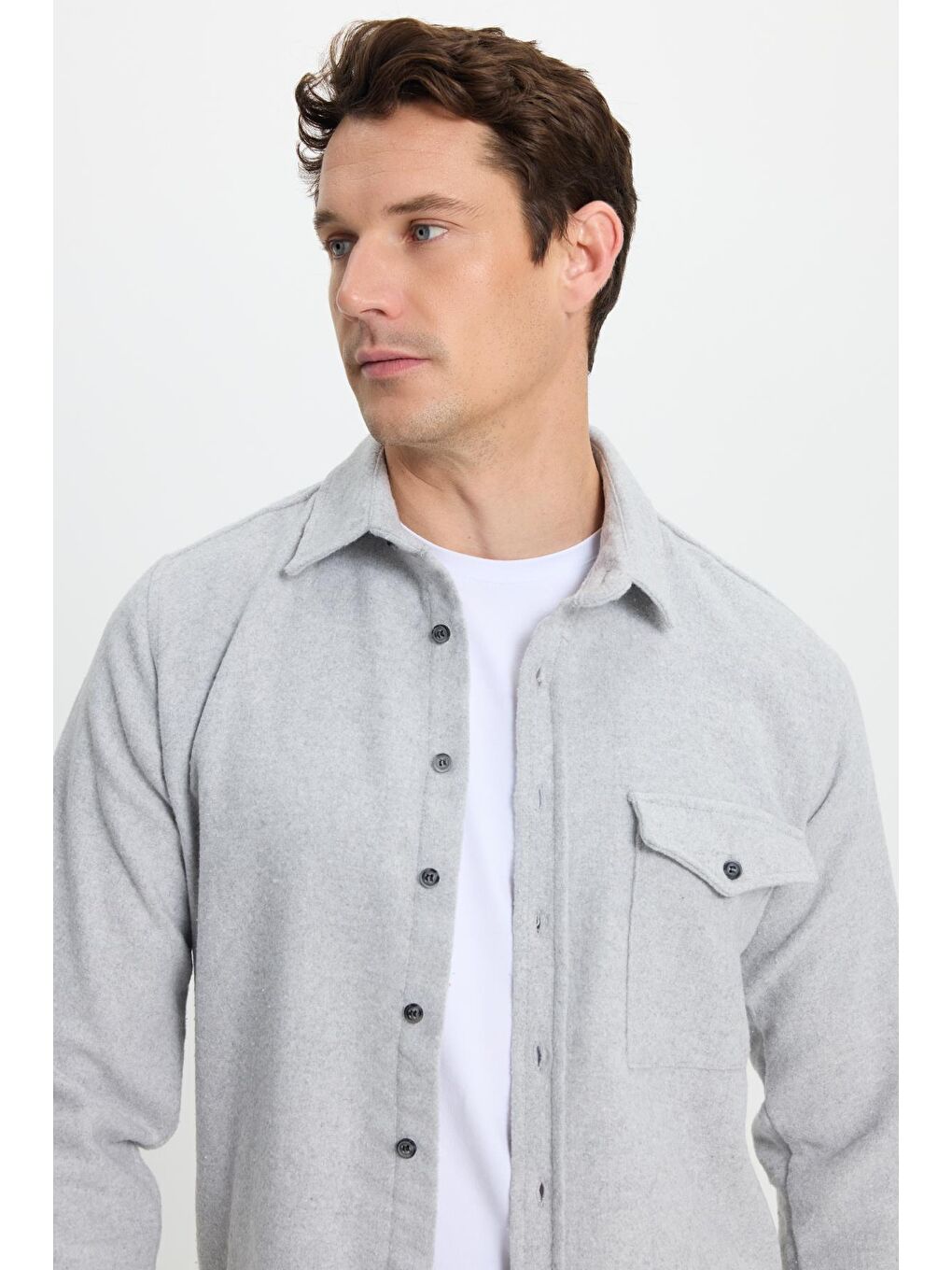 Erkek Slim Fit Tek Cep Kapaklı Düz Oduncu Spor Gri Gömlek-1