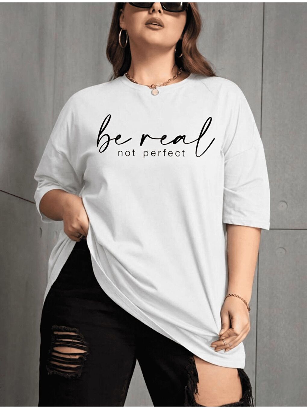 Beyaz Be Real Kadın Büyük Beden Battal Baskılı Bisiklet Yaka Pamuklu T-Shirt Rahat Kesim Unisex Sevgili Ko