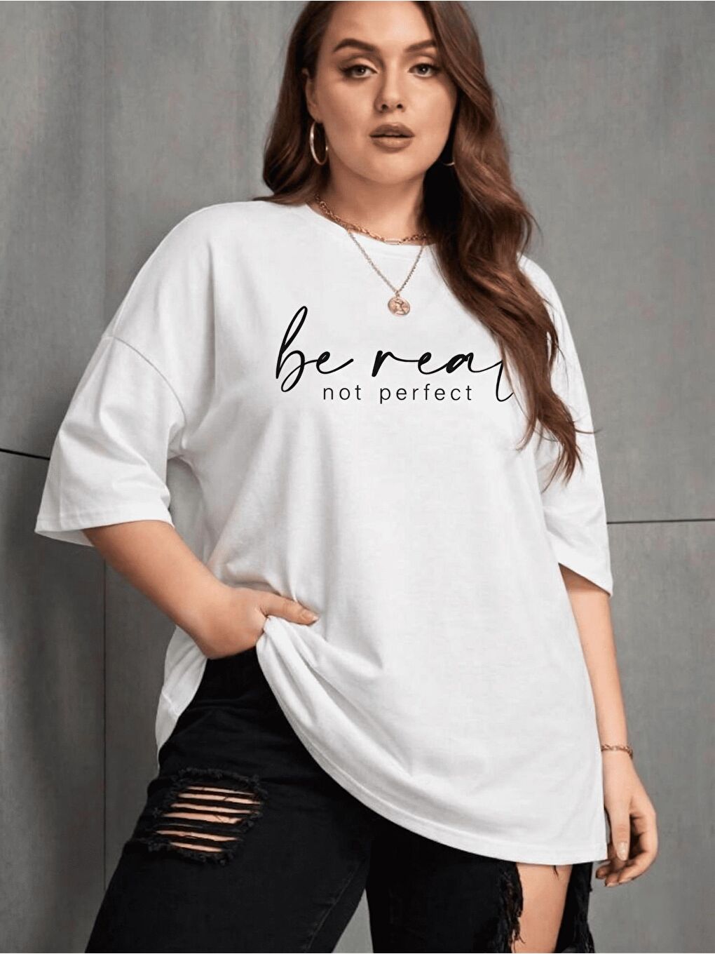 Beyaz Be Real Kadın Büyük Beden Battal Baskılı Bisiklet Yaka Pamuklu T-Shirt Rahat Kesim Unisex Sevgili Ko-1