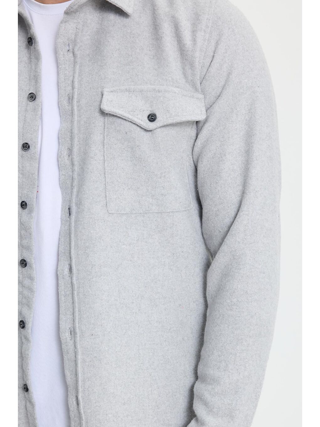 Erkek Slim Fit Tek Cep Kapaklı Düz Oduncu Spor Gri Gömlek-2