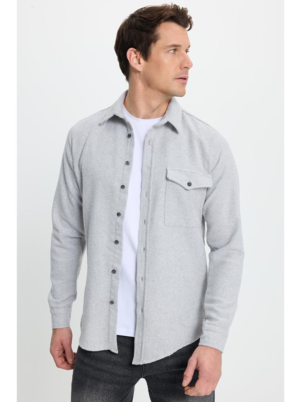 Erkek Slim Fit Tek Cep Kapaklı Düz Oduncu Spor Gri Gömlek-3