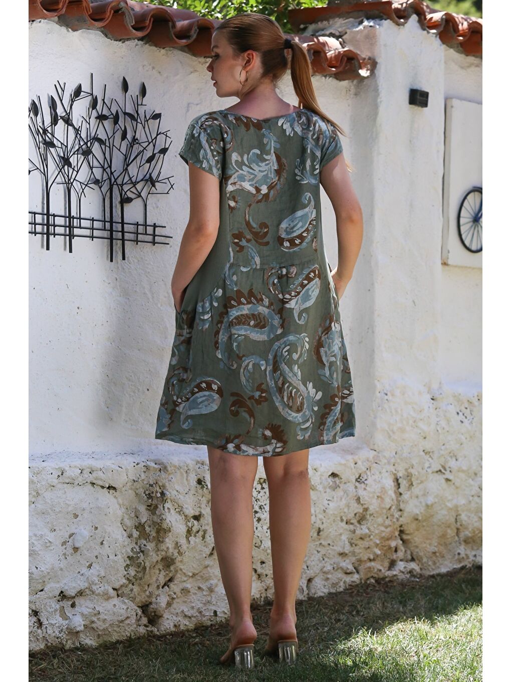 İtalyan Haki Kayık Yaka Düşük Kol Şal Desenli Gizli Cepli Casual Keten Dokuma Elbise 100 65-5