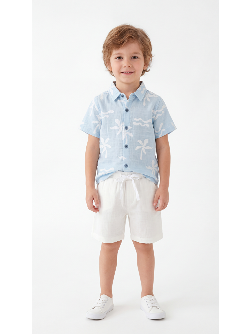 Mavi Tüm Alan Baskılı Erkek Çocuk Gömlek & Şort Takımı