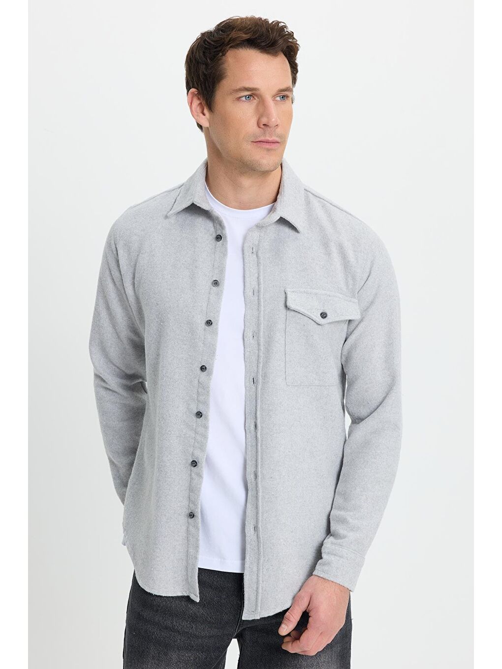 Erkek Slim Fit Tek Cep Kapaklı Düz Oduncu Spor Gri Gömlek-5