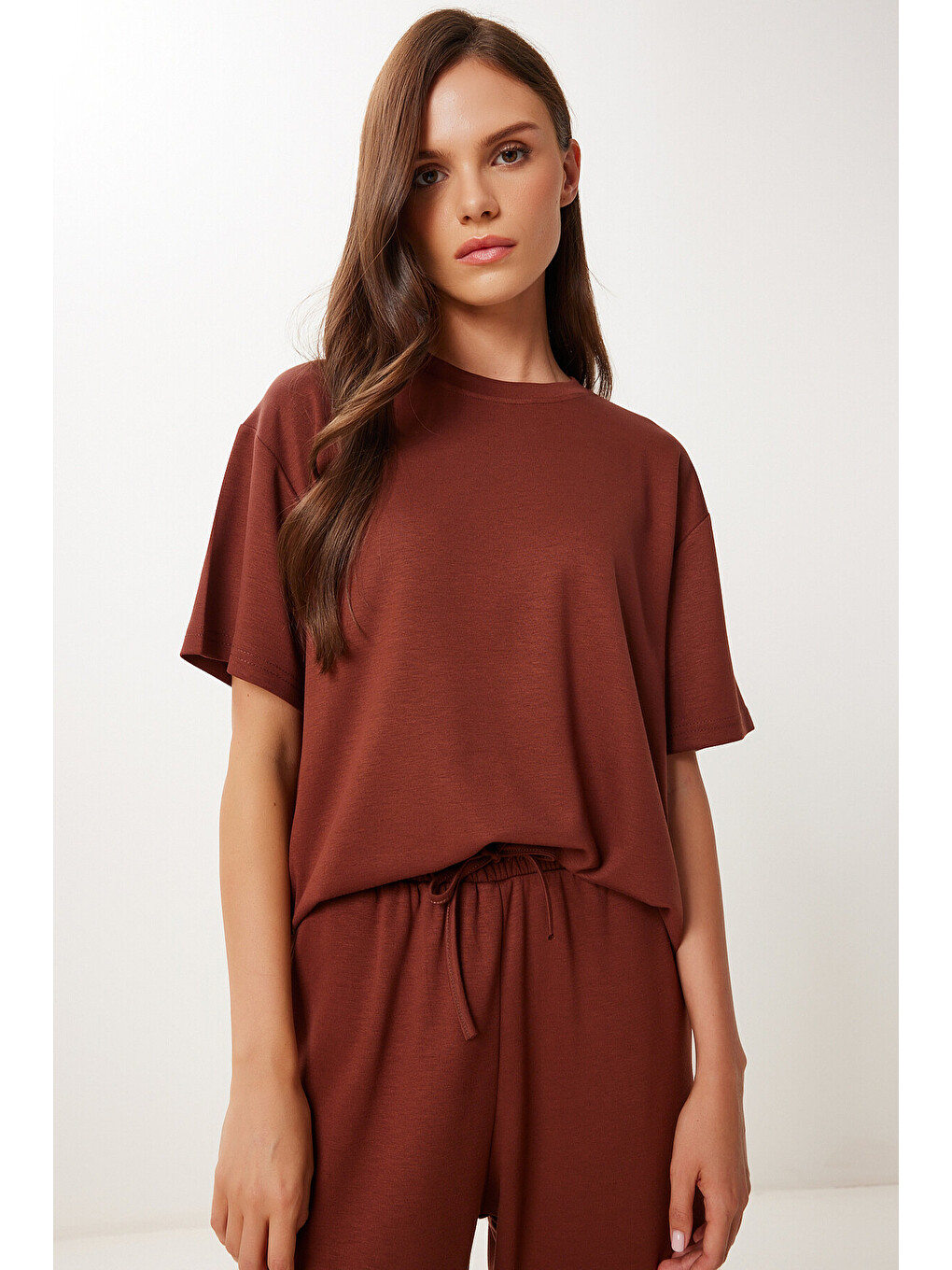Kahverengi Rahat Esnek Örme Alt-Üst Takım KAHVERENGİ LBY0004-3