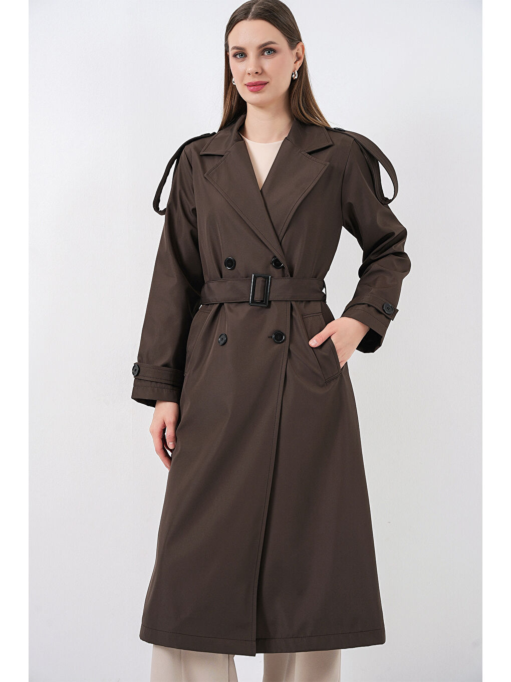 5941 Kruvaze Yaka Uzun Trençkot - Kahverengi